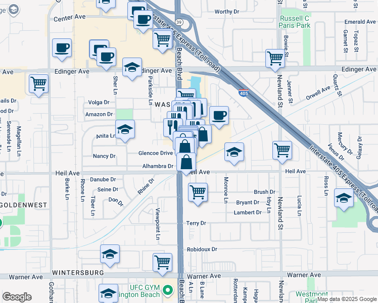 map of restaurants, bars, coffee shops, grocery stores, and more near 16364 Beach Boulevard in Westminster