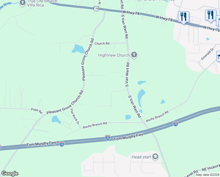 map of restaurants, bars, coffee shops, grocery stores, and more near 119 Autumn Run Place in Villa Rica