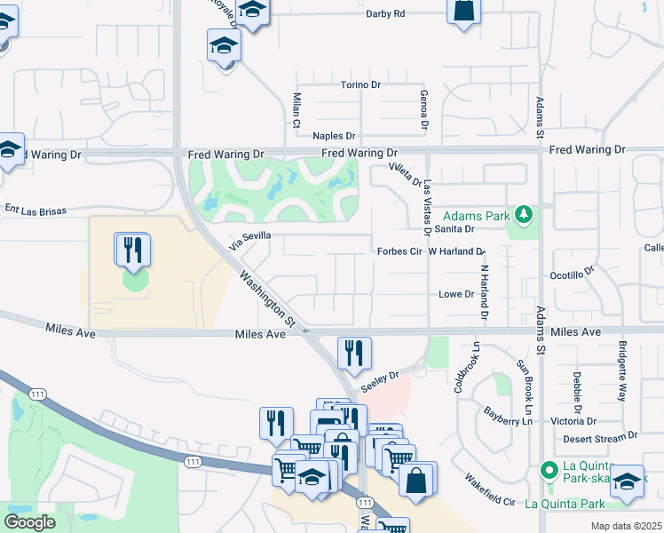 map of restaurants, bars, coffee shops, grocery stores, and more near 44695 Via Alondra in La Quinta