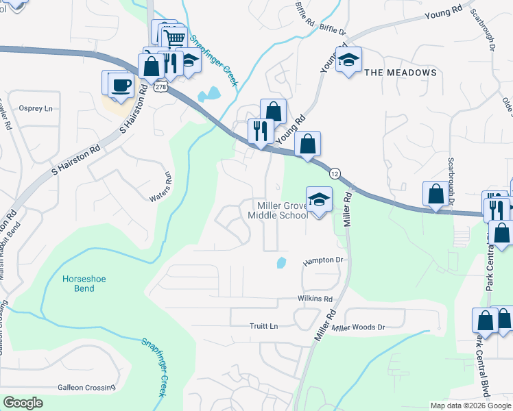 map of restaurants, bars, coffee shops, grocery stores, and more near 2198 Creekview Trail in Decatur