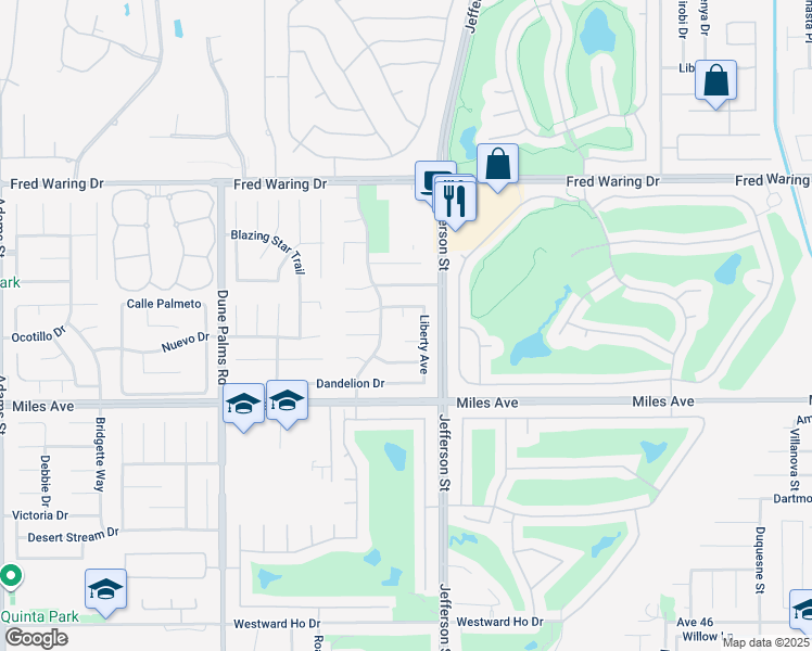map of restaurants, bars, coffee shops, grocery stores, and more near 44658 Franklin Court in La Quinta