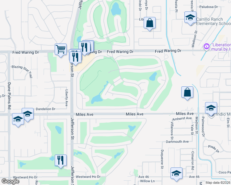 map of restaurants, bars, coffee shops, grocery stores, and more near 80550 Knightswood Road in Indio