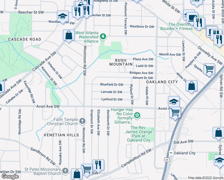 map of restaurants, bars, coffee shops, grocery stores, and more near 1395 Lanvale Drive Southwest in Atlanta