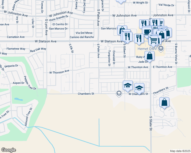 map of restaurants, bars, coffee shops, grocery stores, and more near 964 Coquina Street in Hemet