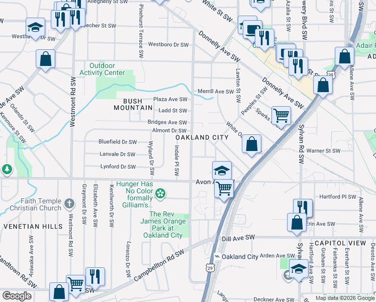map of restaurants, bars, coffee shops, grocery stores, and more near 1121 Oakland Drive Southwest in Atlanta