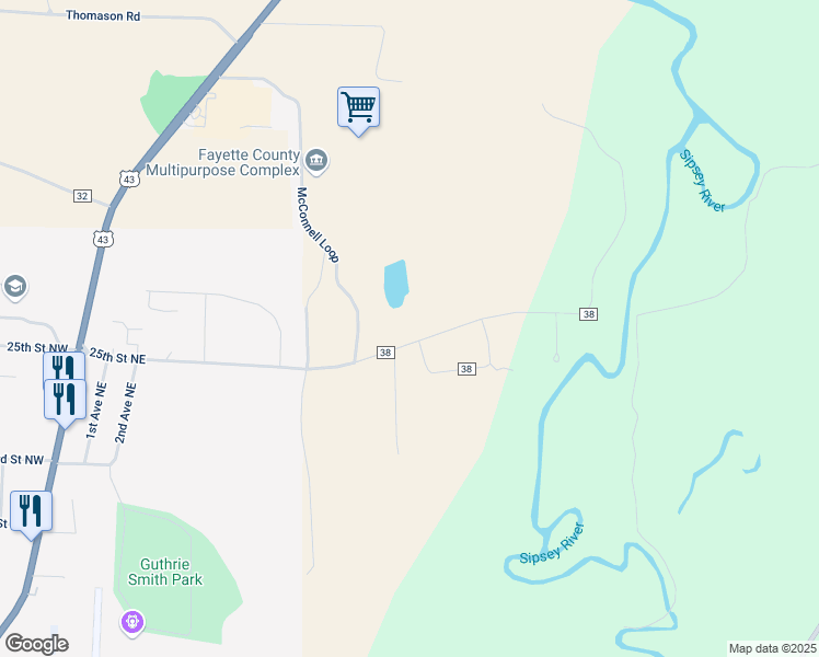map of restaurants, bars, coffee shops, grocery stores, and more near 947 County Road 38 in Fayette