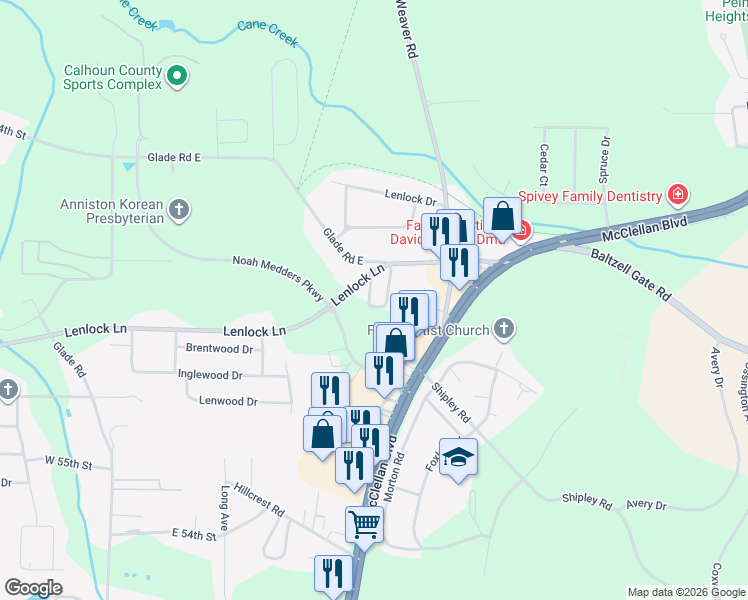 map of restaurants, bars, coffee shops, grocery stores, and more near 5625 Woodgate Circle in Anniston