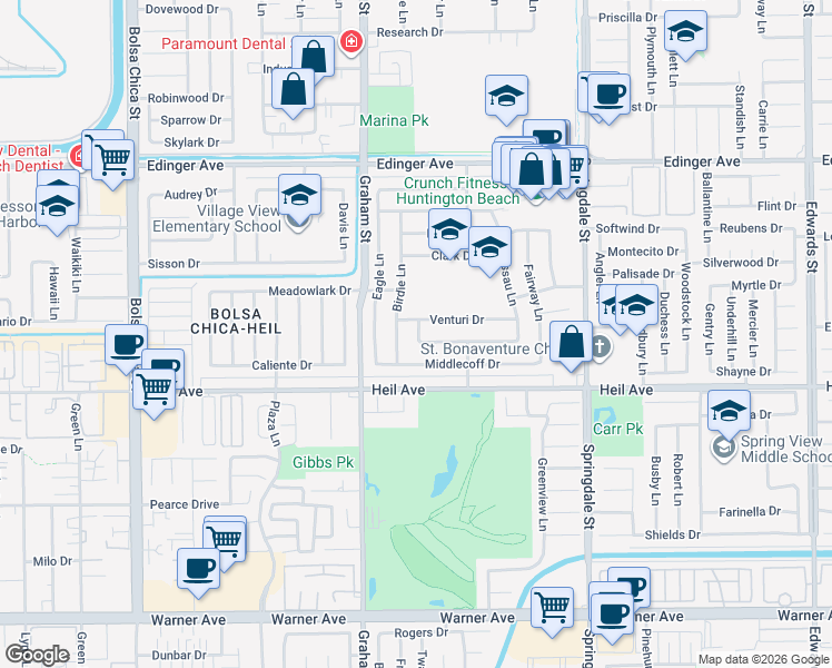 map of restaurants, bars, coffee shops, grocery stores, and more near 16355 Ace Lane in Huntington Beach