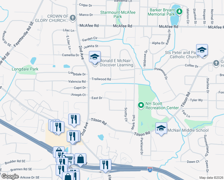 map of restaurants, bars, coffee shops, grocery stores, and more near 2092 Samuel Place in Decatur