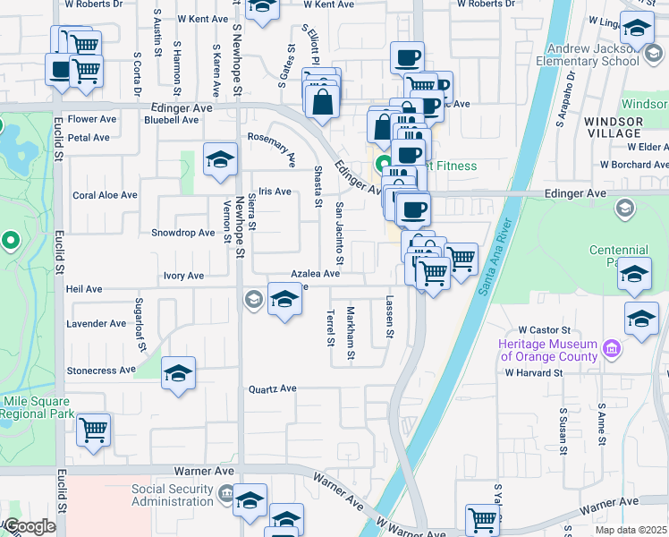 map of restaurants, bars, coffee shops, grocery stores, and more near 16451 San Jacinto Street in Fountain Valley