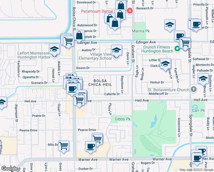 map of restaurants, bars, coffee shops, grocery stores, and more near 16352 Santa Anita Lane in Huntington Beach