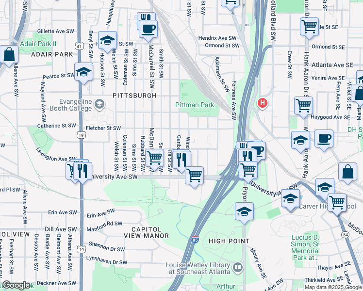 map of restaurants, bars, coffee shops, grocery stores, and more near 1114 Garibaldi Street Southwest in Atlanta