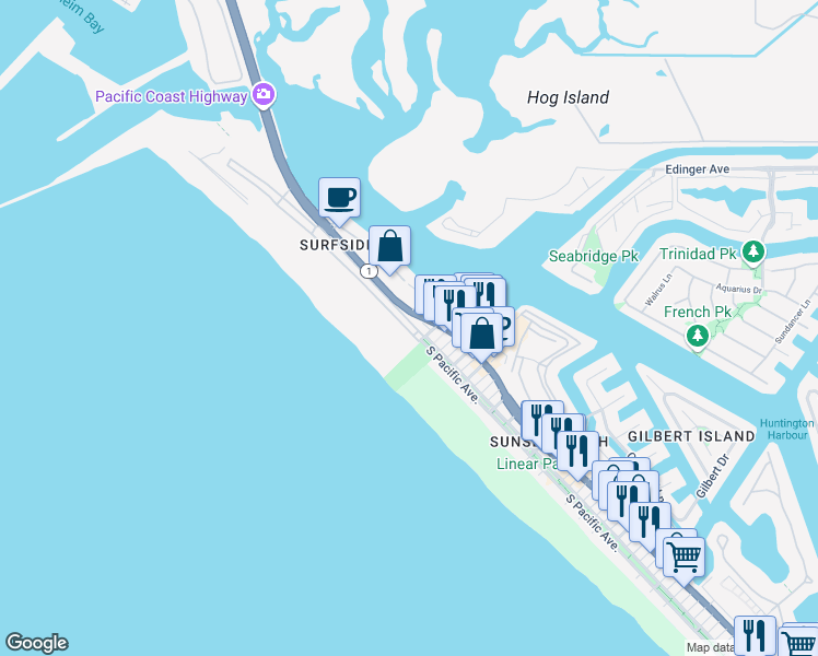 map of restaurants, bars, coffee shops, grocery stores, and more near in Seal Beach