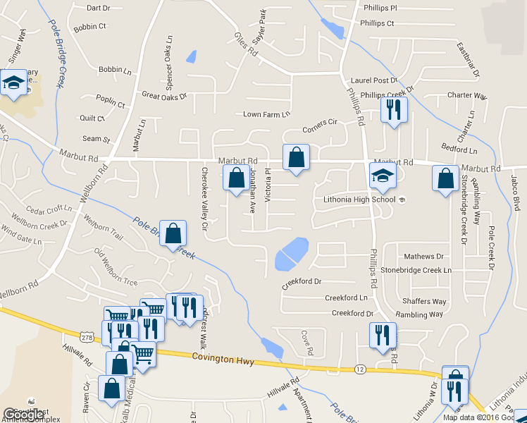 map of restaurants, bars, coffee shops, grocery stores, and more near 2187 Victoria Place in Lithonia