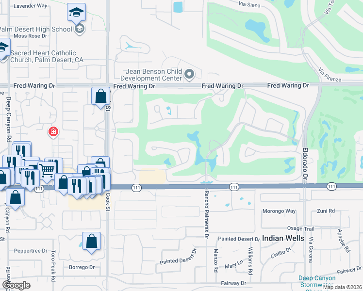 map of restaurants, bars, coffee shops, grocery stores, and more near 75414 Riviera Drive in Indian Wells
