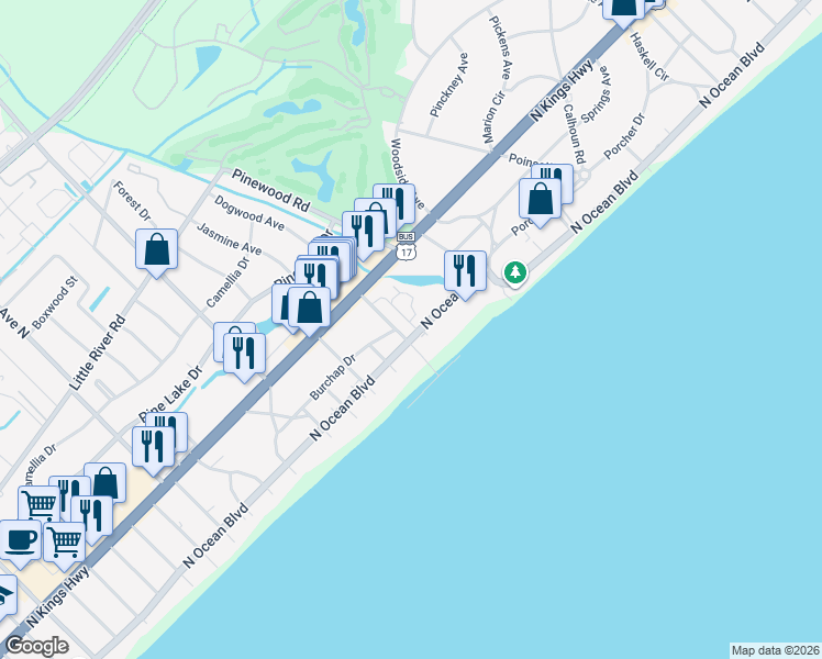 map of restaurants, bars, coffee shops, grocery stores, and more near 5301 Ocean Village Drive in Myrtle Beach