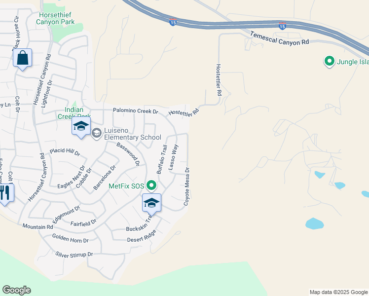 map of restaurants, bars, coffee shops, grocery stores, and more near 27217 Coyote Mesa Drive in Corona