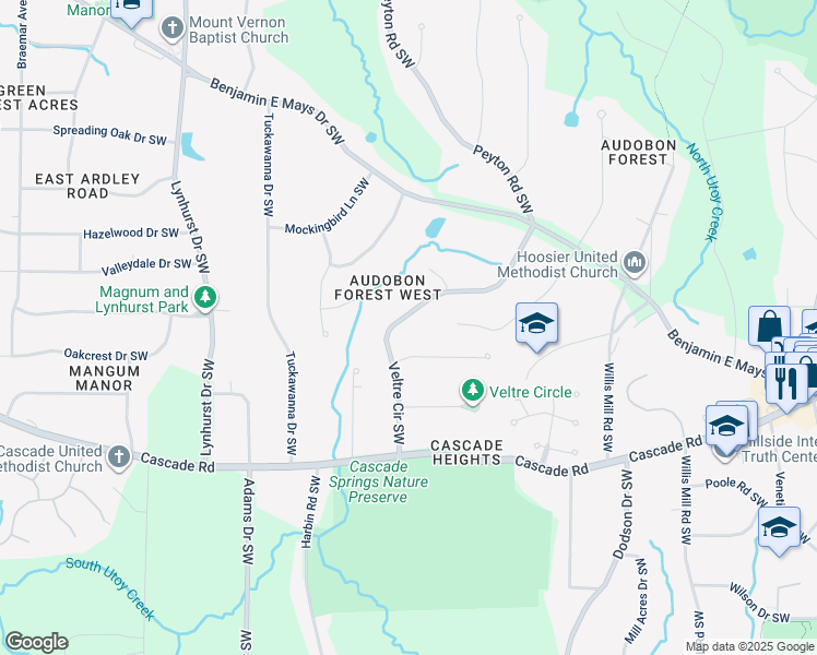 map of restaurants, bars, coffee shops, grocery stores, and more near 1110 Veltre Circle Southwest in Atlanta