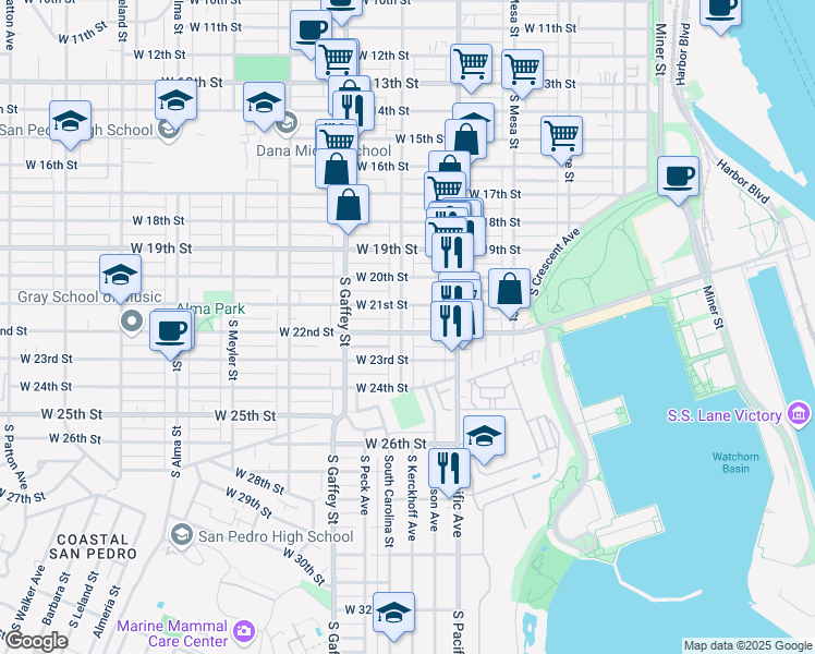 map of restaurants, bars, coffee shops, grocery stores, and more near 580 West 22nd Street in Los Angeles
