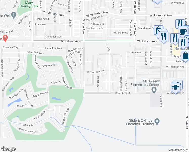 map of restaurants, bars, coffee shops, grocery stores, and more near 1316 Zirconia Street in Hemet