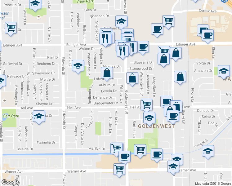 map of restaurants, bars, coffee shops, grocery stores, and more near 6902 Loyola Drive in Huntington Beach