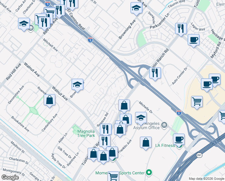 map of restaurants, bars, coffee shops, grocery stores, and more near 2244 Beechnut Road in Tustin