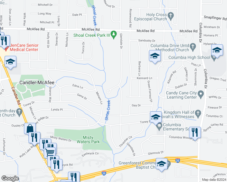 map of restaurants, bars, coffee shops, grocery stores, and more near 3065 Glendale Court in Decatur