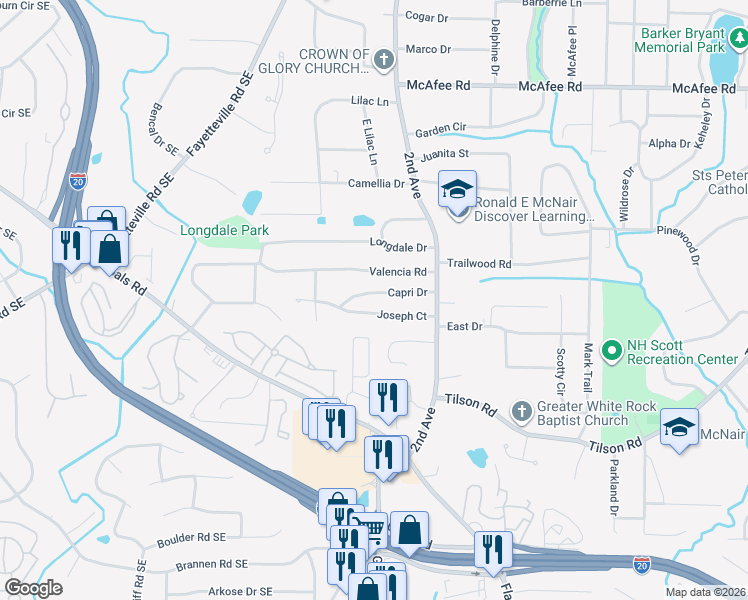 map of restaurants, bars, coffee shops, grocery stores, and more near 1949 Capri Drive in Decatur
