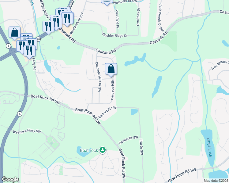 map of restaurants, bars, coffee shops, grocery stores, and more near 5065 Cascade Hills Circle Southwest in Atlanta