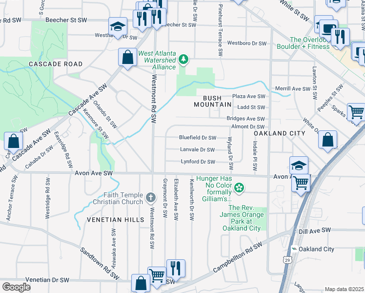 map of restaurants, bars, coffee shops, grocery stores, and more near 1435 Lanvale Drive Southwest in Atlanta
