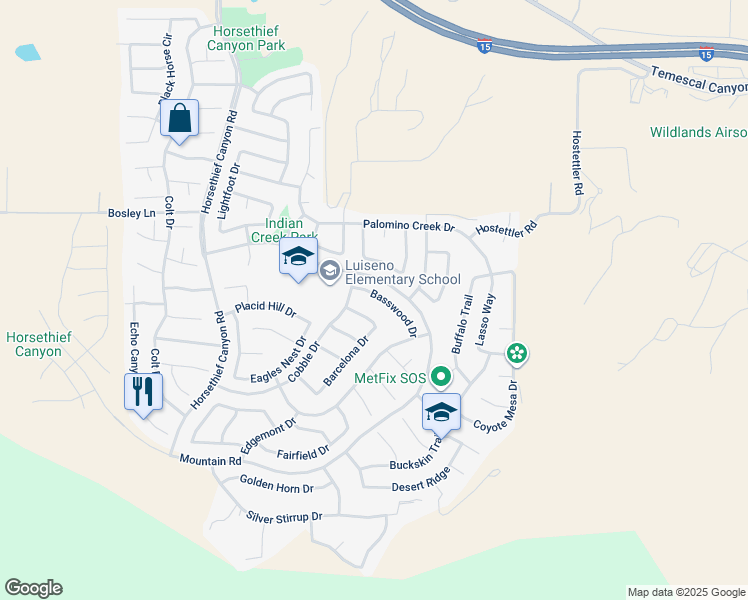 map of restaurants, bars, coffee shops, grocery stores, and more near 13617 Basswood Drive in Corona