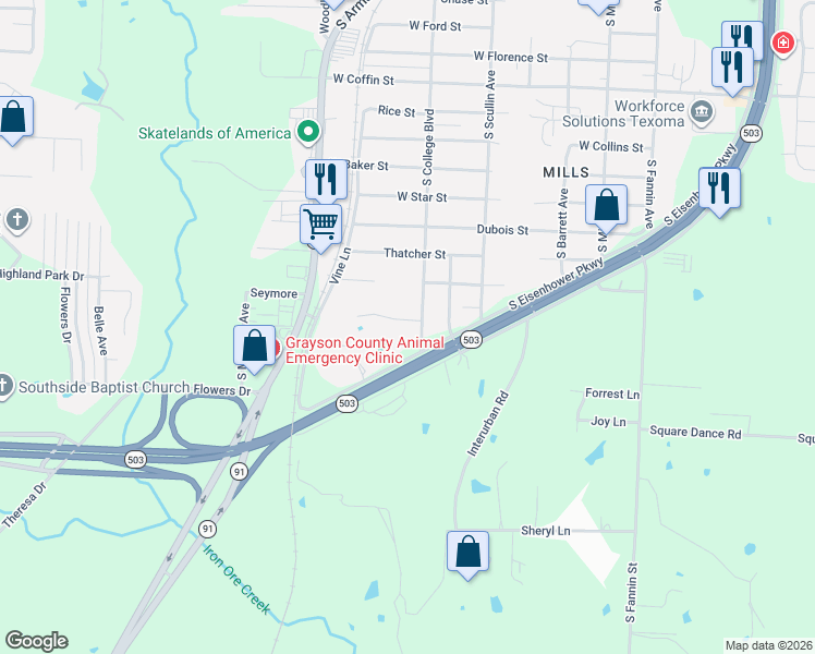map of restaurants, bars, coffee shops, grocery stores, and more near 3103 S College Blvd in Denison