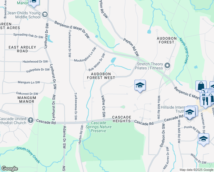 map of restaurants, bars, coffee shops, grocery stores, and more near 1098 Veltre Circle Southwest in Atlanta