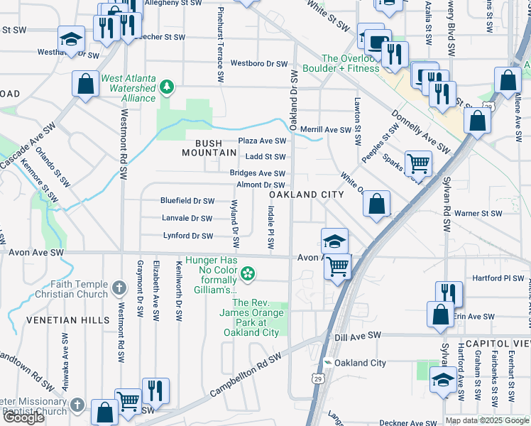 map of restaurants, bars, coffee shops, grocery stores, and more near 1119 Indale Pl SW in Atlanta