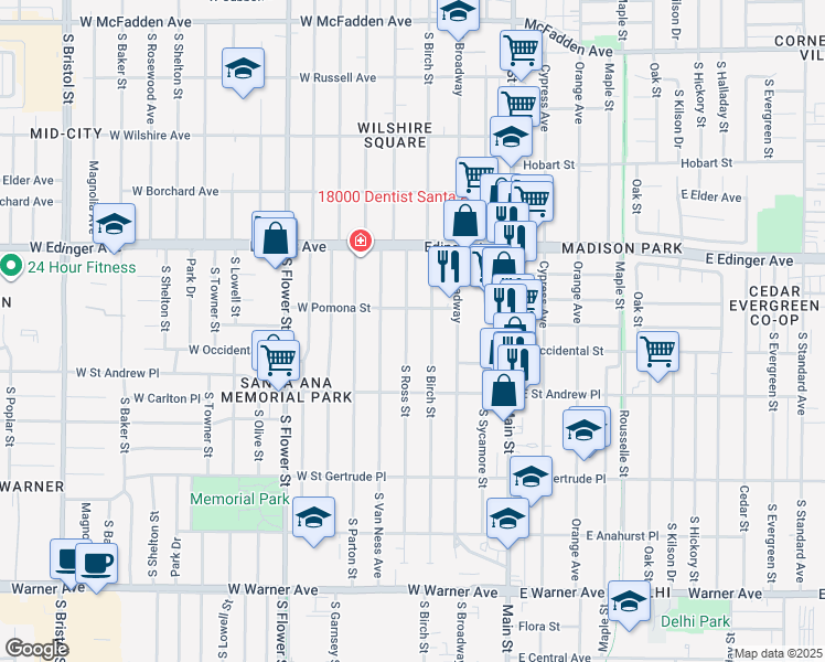 map of restaurants, bars, coffee shops, grocery stores, and more near 1719 South Ross Street in Santa Ana