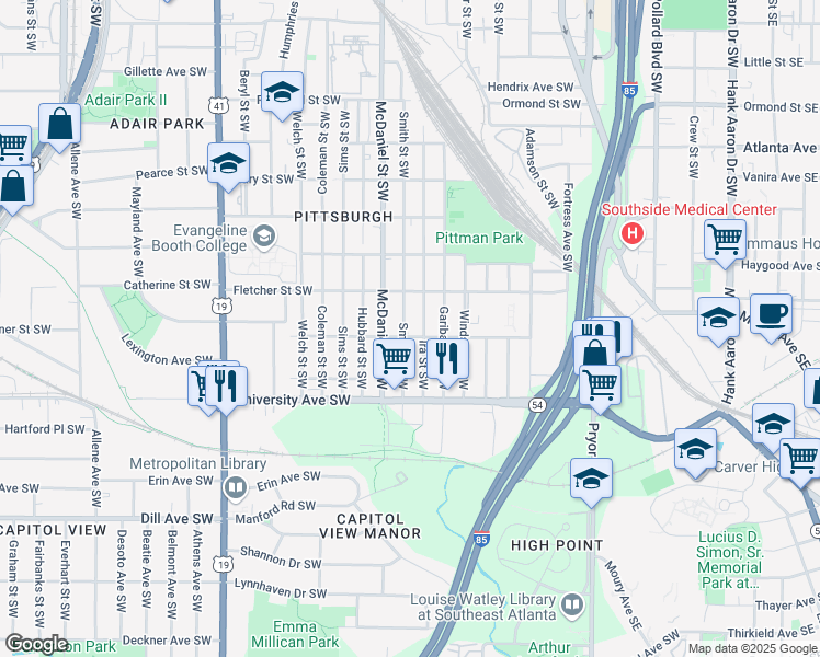 map of restaurants, bars, coffee shops, grocery stores, and more near 1116 Smith Street Southwest in Atlanta