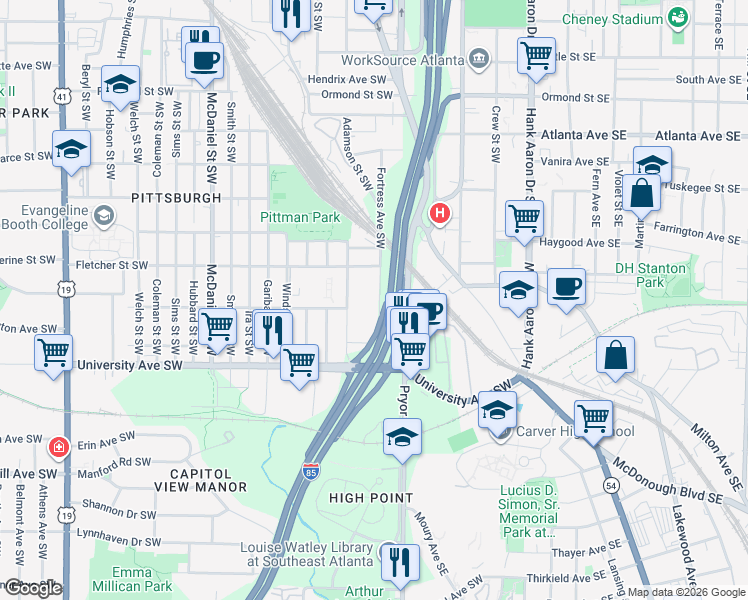 map of restaurants, bars, coffee shops, grocery stores, and more near 1111 Fortress Avenue Southwest in Atlanta