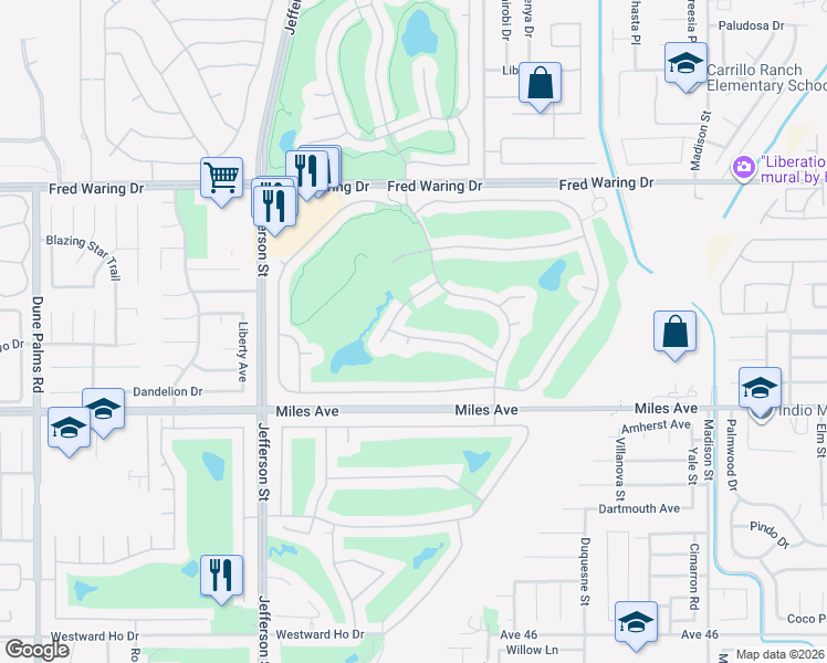 map of restaurants, bars, coffee shops, grocery stores, and more near 44516 Saint Andrews Place in Indio