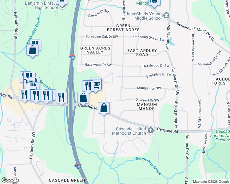 map of restaurants, bars, coffee shops, grocery stores, and more near 1050 Beechcrest Road in Atlanta