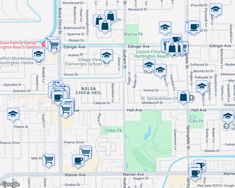 map of restaurants, bars, coffee shops, grocery stores, and more near 16351 Hollywood Lane in Huntington Beach