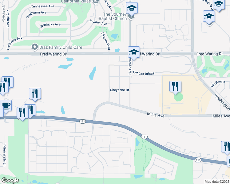 map of restaurants, bars, coffee shops, grocery stores, and more near 77379 Cheyenne Drive in Indian Wells