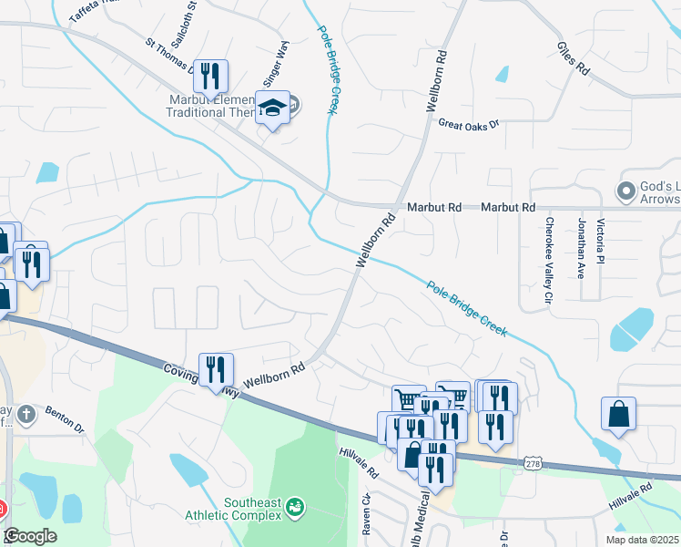 map of restaurants, bars, coffee shops, grocery stores, and more near 5843 Cedar Croft Lane in Lithonia