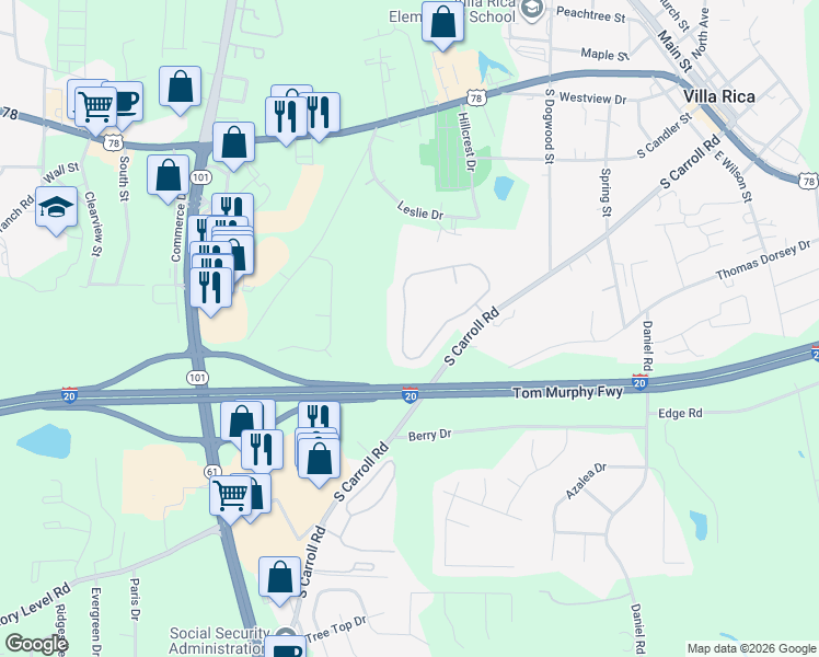 map of restaurants, bars, coffee shops, grocery stores, and more near 240 Berkley Drive in Villa Rica