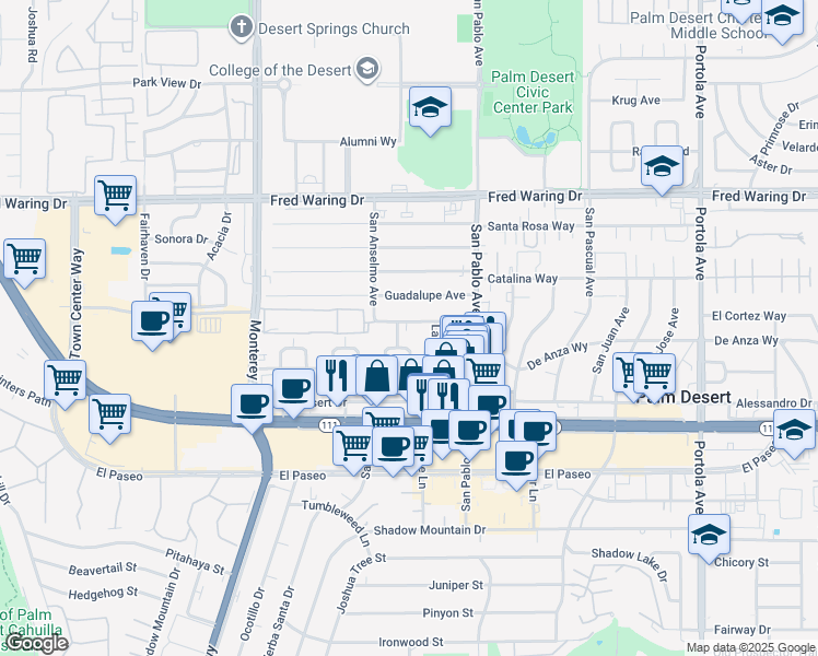 map of restaurants, bars, coffee shops, grocery stores, and more near 73345 Royal Palm Drive in Palm Desert