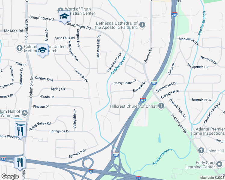 map of restaurants, bars, coffee shops, grocery stores, and more near 3666 Elkridge Drive in Decatur