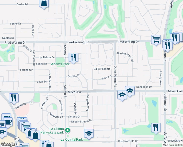 map of restaurants, bars, coffee shops, grocery stores, and more near 44685 Calle Placido in La Quinta