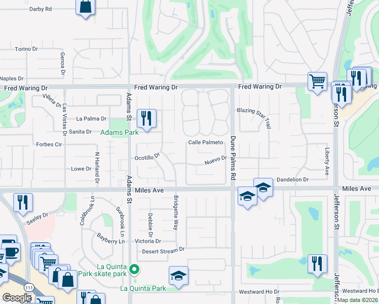 map of restaurants, bars, coffee shops, grocery stores, and more near 44685 Calle Placido in La Quinta