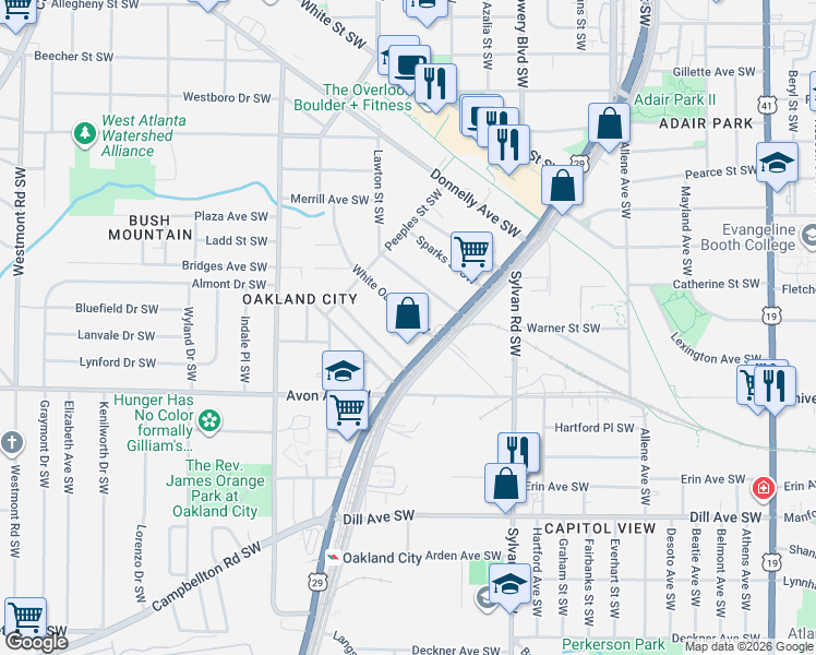 map of restaurants, bars, coffee shops, grocery stores, and more near 1033 White Oak Avenue Southwest in Atlanta