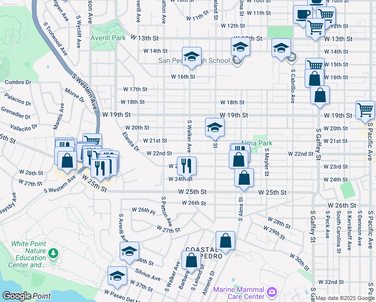 map of restaurants, bars, coffee shops, grocery stores, and more near 2141 South Walker Avenue in Los Angeles
