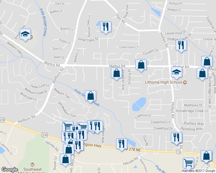 map of restaurants, bars, coffee shops, grocery stores, and more near 6074 Cherokee Valley Terrace in Lithonia